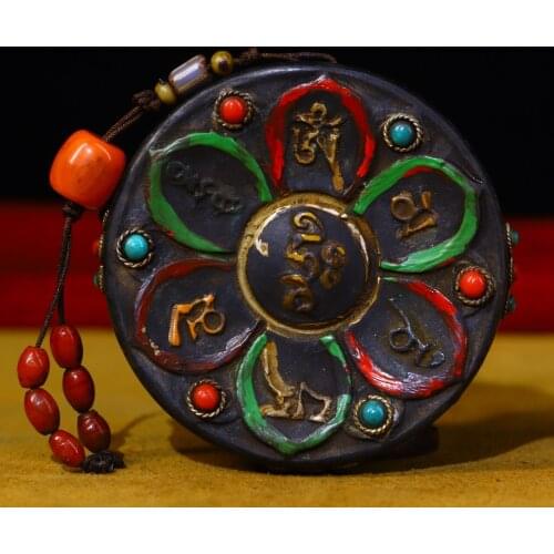 3"Tibet Temple Collection Old Natural meteorite Filigree mosaic gem Dzi Bead Six Proverbs Amulet Pendant Town House Exorcism