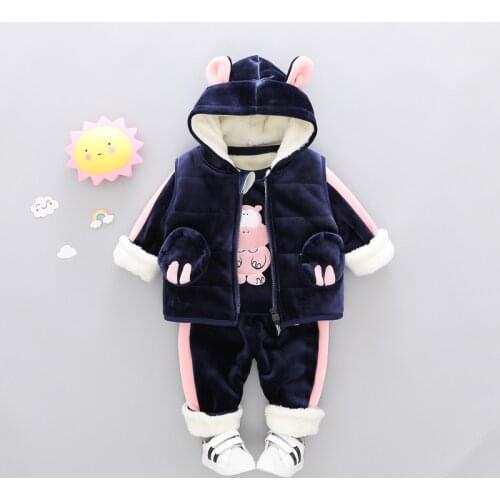 Baby Winter Clothes 3PCS Suit For Toddler Boy Girl Cartoon Letter Kids Hooded Pleuche Velvet Sets Clothing 1 2 3 4 Years