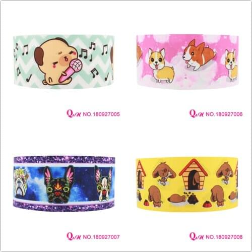 Q&N ribbon 16mm 22mm 25mm 38mm 50mm 75mm happy dog cartoon printed grosgrain/FOE ribbon webbing 50yards/roll for headband