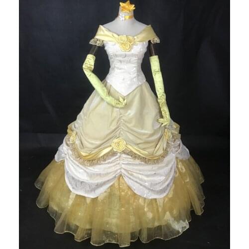 Beautiful Girl And Beast Belle Cosplay Costume Adult Women Evening Party Princess Dress Halloween Carnival Yellow Ball Gown
