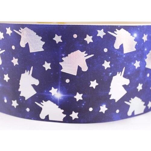 3"75mm silver foil Unicorn head Printed Grosgrain Ribbon sparkle for DIY accessaries 10 yard 50 yard