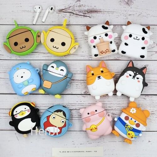 3D Cute Dairy Cow Cartoon Corgi Penguin For Apple AirPods 1 2 Charging Soft Silicon Cover Wireless Bluetooth Earphone Case