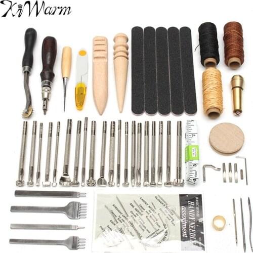 KiWarm 59PCS Leather Craft Hand Tools Kit Thread Awl Waxed Thimble Kit For Hand Stitching Sewing Stamping Leathercraft Tool Set