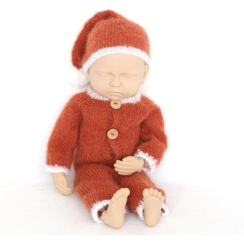 Newborn Christmas Photography Outfit Knitted Santa Hat and Romper Newborn Sleeper Hat Baby Girl Boy Pants Bonnet Infant Clothes