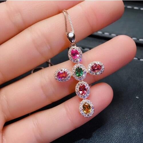 Natural Multicolor tourmaline pendant S925 silver Natural gemstone Pendant Necklace trendy Elegant Cross women party jewelry
