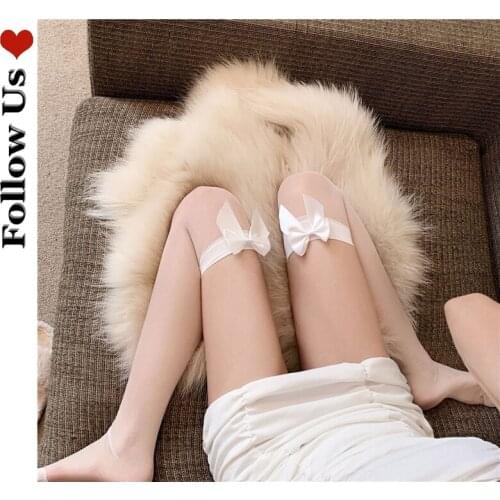 Sexy White Bowknot Stockings Women Summer Gothic Ultra-thin Transparent Over The Knee Thigh High Socks for Sexy G Irl Lingerie
