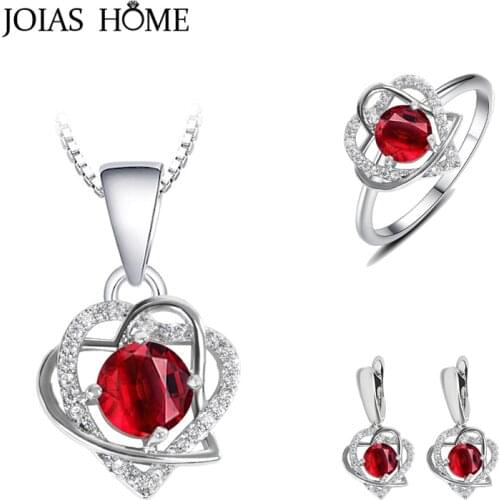 JoiasHome Silver 925 Jewelry Set for Women Wedding Jewelry Ruby Heart shaped Ring Drop Earrings Necklace Womens Wear Jewelry