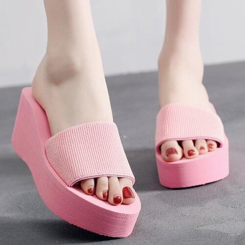 Summer Elastic Fabric Slippers Women Cheap Simple Chanclas High Heel Beach Shoes Flip Flops Platform Sandals Zapatos Mujer Lady