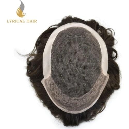 8"x10"Color 1B Natural Black Mens Toupee French Lace Front Hair System Poly Coating Human Hairpiece Transparent Lace Replacemen