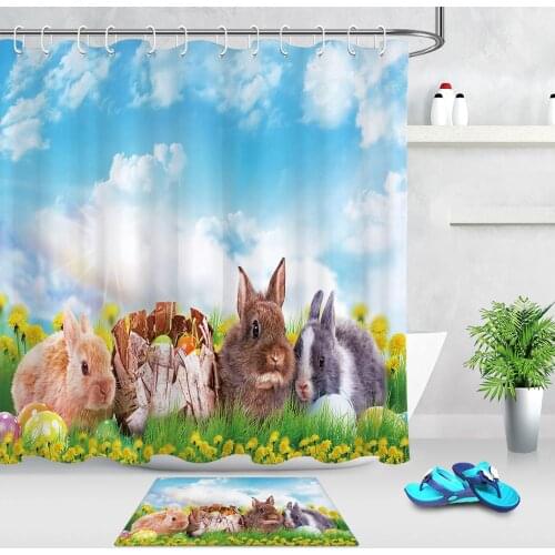 Spring Easter Shower Curtain Set Easter Bunny Blue Sky Grassland Waterproof Polyester Fabric Bath Curtain Bathroom Non-slip Mat