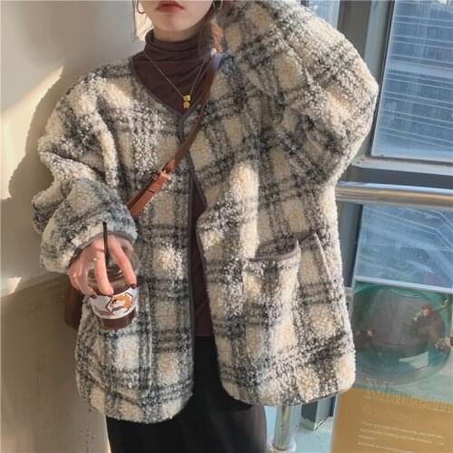 Vintage round neck plaid warm lamb wool coat retro women faux sheepskin parkas