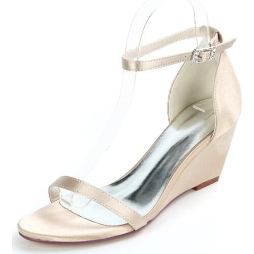 2021 Summer Lady Wedges Satin Evening Dress Sandals Ankle Strap Beach Wedding Bridal Shoes Open toe Lady Party Sexy Pumps Red