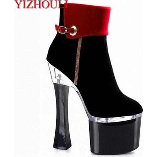 Womens sexy motorcycle Boots thick heel boots sexy 7 inch high-heeled pumps Punk color block 18cm High Heels Ankle Boots