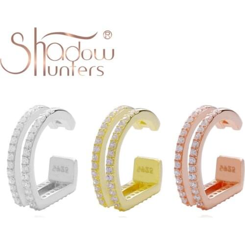 SHADOWHUNTERS High Quality Real 100% 925 Sterling Silver Women Ear Cuff With Double Rows Clear CZ Women Fine Jewelry Clip On Ear