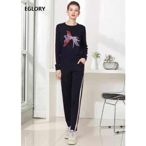 Newest Fashion Tracksuits 2020 Autumn Winter Sweater Sets Women Cute Birds Embroidery Sweater Pullovers+Knitted Pant Sets Casual