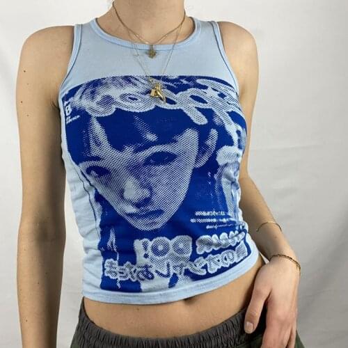 E-girl Vintage Crop Top Y2K Aesthetic Face Portrait Tank Top Tie Dye Sleeveless Vest Women Summer Sweats Tee Gothic Streetwear