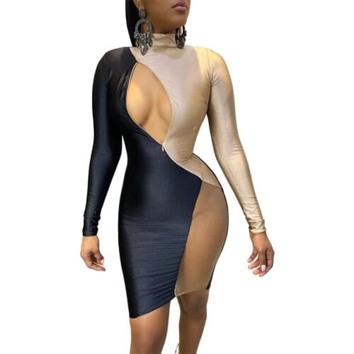 Sexy Zipper Hollow Out Patchwork Bodycon Mini Dresses for Women Party Mesh Sheer Night Out Club Bandage Dress Vestido De Mujer