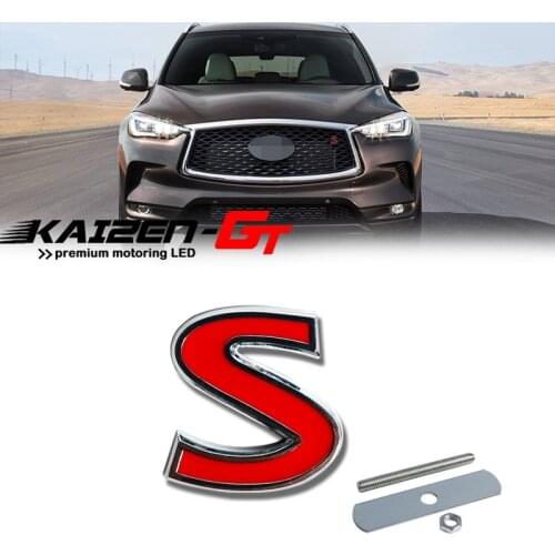 1PC 3D Metal Red S Letter Logo Car Front Grill Badge Sticker Decor w/ Mounting Bolt For Infiniti Q50 Q60 Q70 etc Car Decoration