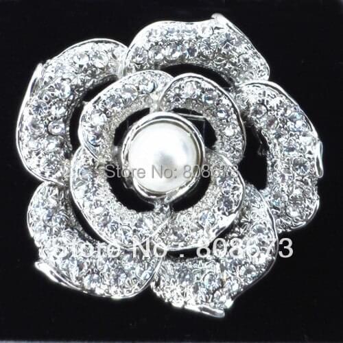 12PCS/LOT Europe Fashion Beautiful Clear Crystal And Pearl Rose Floral Brooch