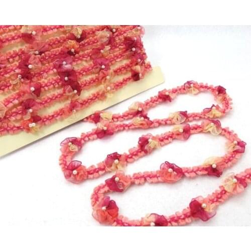 2 Yards Woven Rococo Ribbon Trim with Red Ombre Flower Buds|Decorative Floral Ribbon|Scrapbook Materials|Clothing|Decor