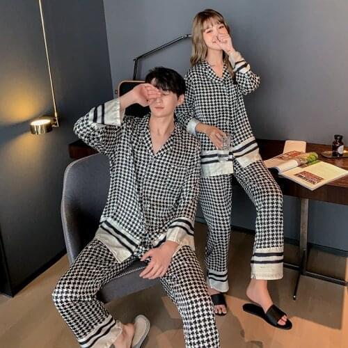 2021 Spring And Summer New homewear Sets Two-Piece Couple Checked Pajamas Korea Long Sleeve Long Pant Cardigan Nightwear