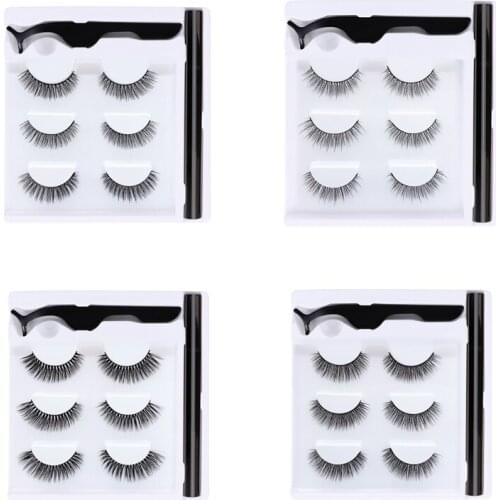 3 Pairs Magic False Eyelash Self-adhesive Lashes Eyeliner Mascara Eyelash Curler Set No Glue Magnet Eyelash Kit Makeup Tools