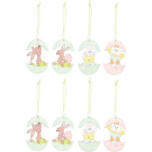 8Pcs Easter Decorations for Bunny Egg Shell Rabbit Wooden Hanging Ornaments Pendant Easter Eggs Wood Pendant Party Decor