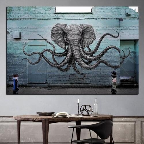 Mural of a Hybrid Elephant Octopus Creature Painting Print on Canvas Pop Art Animal Wall Picture for Living Room Cuadros Decor