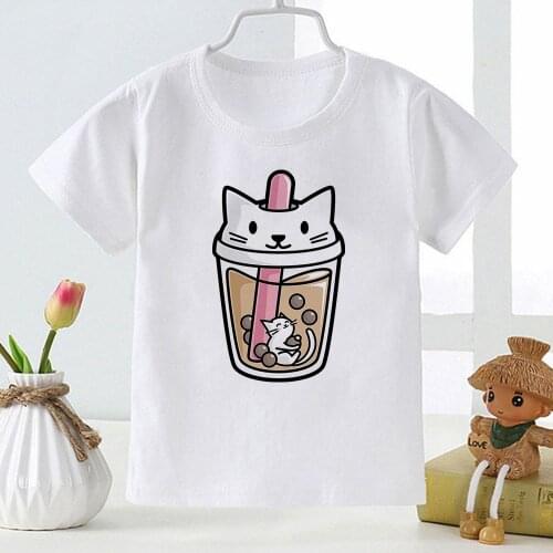 Kawaii Cat Milk tea Print T-shirt Super Cute Cartoon Childrens Clothing Girl Boy Summer Fashion Trend Tops Korean Kids T Shirt