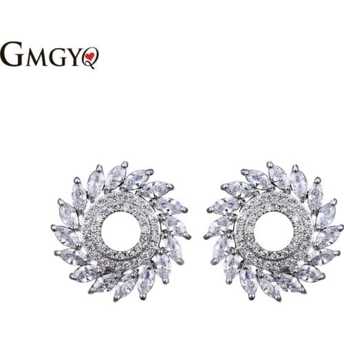 GMGYQ Fashion Vrouwen Oorbel Mode-sieraden Cirkel Half Ronde Leaf Vorm Zirconia Stenen Grote Oorbellen Voor Party Minimalist