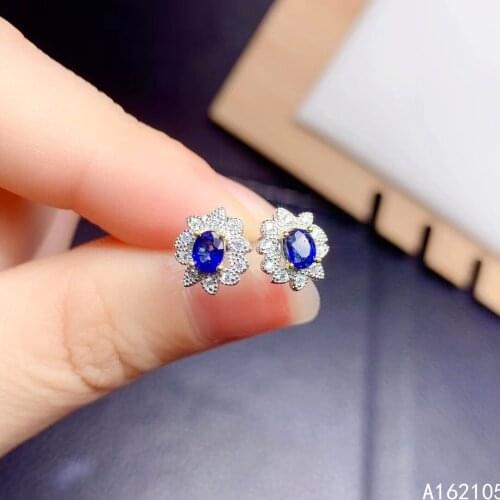 Fine Jewelry 925 Pure Silver Chinese Style Natural Sapphire Girl Luxury Classic Plant Gemstone Earrings Ear Stud Support Detecti