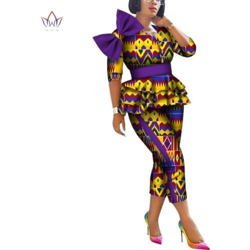 2020 African Two Pieces pant Set for Women Dashiki Big Bow Shirt top African Clothing Plus size Clothes for Women WY2403