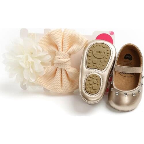 Baby Girl Rivet Sweet Princess Toddler Shoes + Hair Accessory Two Set 0-18M Baby Girls Shoes