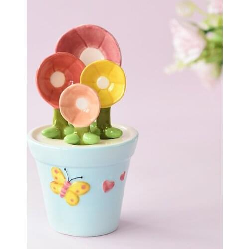 Cute Pansy Spoon Baking Scale Measuring Spoon Creative Household Kitchen Ceramic Salt and Sugar Small Spoon with Base