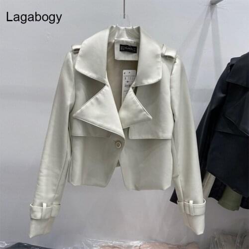 Lagabogy New Autumn Women Vintage PU Leather Jacket Female Turn Down Collar Single Button Short Ladies Slim Streetwear Outwear