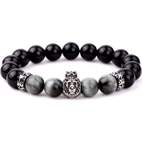 New Simple Design Animal Stainless Steel Wolf Lion Buddha Charms Natural Stone Eagle Beads Elastic Bracelet Men