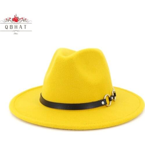 QBHAT Fashion European Style Womens Mens Jazz Fedora Hats Wool Felt Hat Wide Brim Panama Fedoras Trilby Black for Unisex