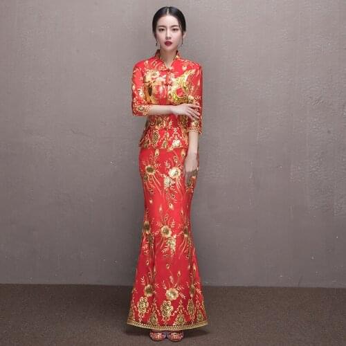 Bride Wedding Qipao Long Cheongsam Chinese Traditional Dress Slim Retro QiPao Embroidered Toast Clothing Fishtail Cheongsam