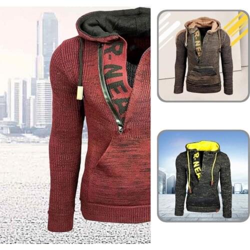 Thick Terrific Drawstring Men Sweater Coat Warm Sweater Coat Contrast Colors for Outdoor