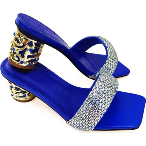 Fashion Blue Heel 5.8CM Women Shoes With Rhinestone Decoration African Dressing Pumps For Party CR503