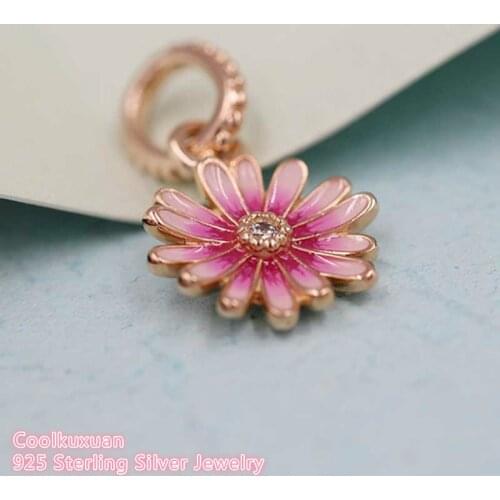 Spring 100% 925 Sterling Silver Pink Daisy Flower Dangle Charm Rose Gold beads Fits Original Pandora bracelets Jewelry