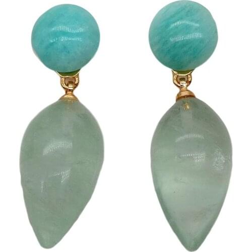 YYGEM 1.4" natural Amazonite Coin Teardrop Green Amethyst Stud Earrings cute style for women