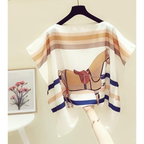 Bat Shirt for Women 2021 Summer New Retro High-End Printed Thin Silk Chiffon Blouse Elegant Lady Tops Ropa Mujer Nancylim