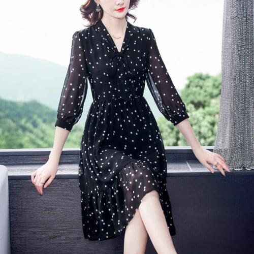 Autumn Women Korean Fashion Dress Spring Casual Vintage Black Dot Print Chiffon Midi Sundress 2021 Elegant Bodycon Party Vestido