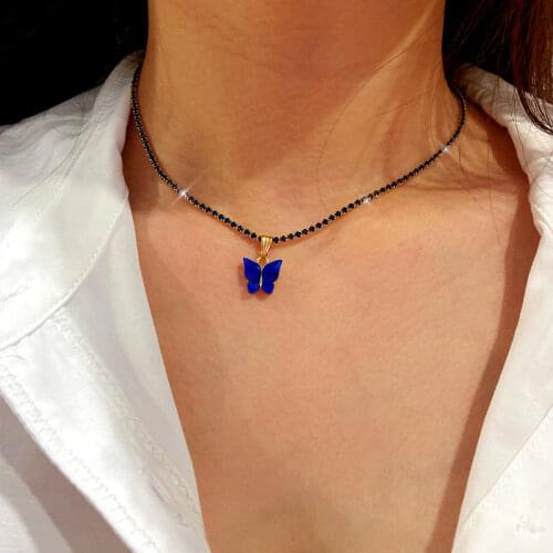 Flatfoosie Fashion Blue Pink Butterfly Pendant Necklace For Women 2mm AAA Zircon Tennis Chain Necklace Wedding Jewelry Gift