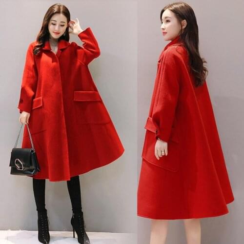 Feminino Casaco Korean Style Loose Casual Coats Long Woolen Coat Femme Winter Coat Women Red Abrigo Mujer KJ176