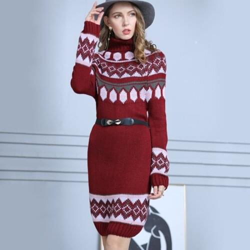 Geometric Thick Turtleneck Sweater Dress Women Sheath Pullover Knitted Mini Dress Long Sleeve Warm Elegant Dress Vestidos 2020