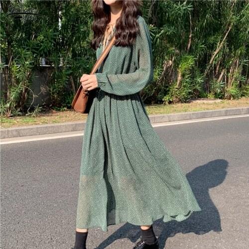 Vestidos 2021 Autumn Vintage Women Dress Elastic Waist Plus Size Green Dress Femme Polka Dot Lady Long A-line Midi Dress 9886