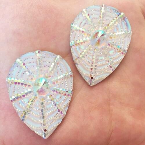 6PCS AB Resin 30*40mm 3D teardrop Spider web gem Flat back rhinestone scrapbook DIY Wedding Embellishme 2 hole applique SF470