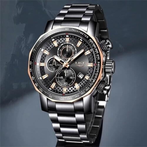 LIGE New Mens Watches Top Brand Luxury Full Steel Sport Chronograph Waterproof Big Dial Watch Men Quartz Clock Relogio Masculino